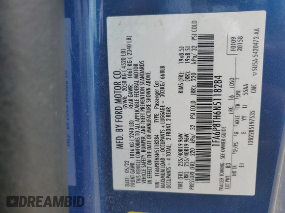2022 Ford Mustang EcoBoost with VIN 1FA6P8TH6N5118284, listed as a Copart auction lot 51652615 with 36,415 mi miles and Salvage title. Bid and sale history available at DreamBid. Image 13.