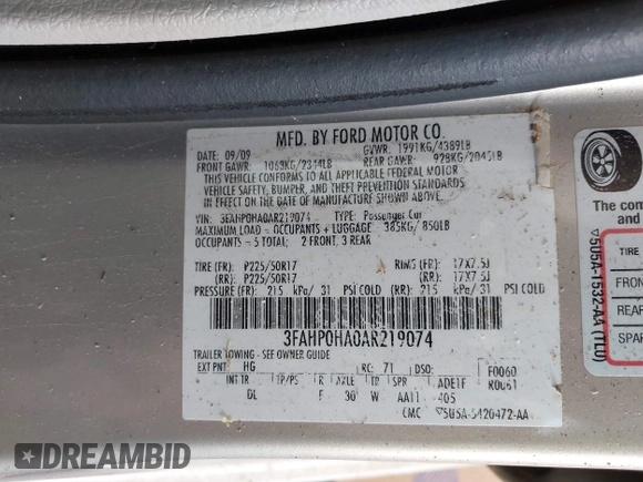 2010 Ford Fusion SE with VIN 3FAHP0HA0AR219074, listed as a IAAI auction lot 42040384 with 135,435 mi miles and . Bid and sale history available at carsss.com. Image 9.