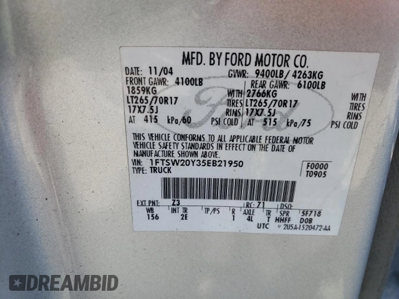 2005 Ford F-250 with VIN 1FTSW20Y35EB21950, listed as a Copart auction lot 45047195 with 190,951 mi miles and Salvage title. Bid and sale history available at DreamBid. Image 12.