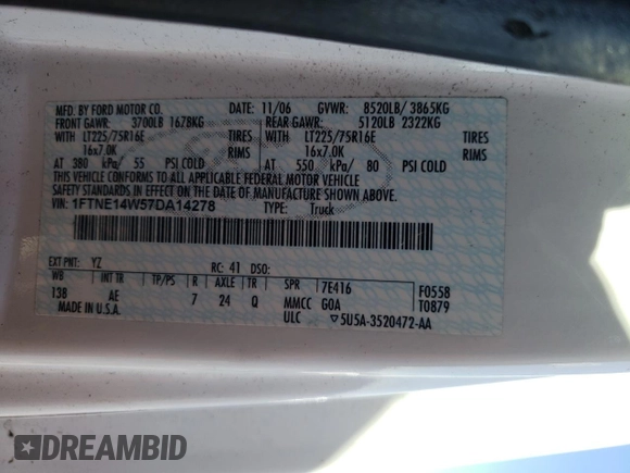 2007 Ford Econoline Cargo Commercial with VIN 1FTNE14W57DA14278, listed as a Copart auction lot 72810194 with 106,258 mi miles and Clean Title. Bid and sale history available at DreamBid. Image 12.
