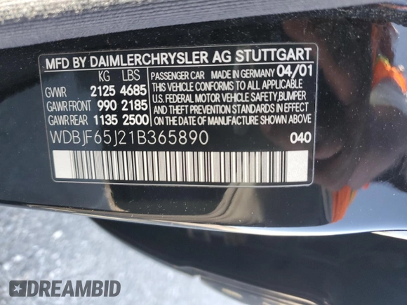 2001 Mercedes-Benz E-Class with VIN WDBJF65J21B365890, listed as a Copart auction lot 50519975 with 110,541 mi miles and Salvage Title. Bid and sale history available at carsss.com. Image 12.