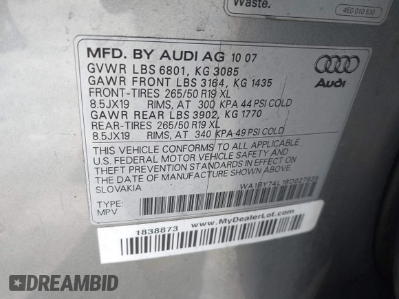 2008 Audi Q7 Premium with VIN WA1BY74L18D027835, listed as a IAAI auction lot 41672825 with 153,718 mi miles and . Bid and sale history available at DreamBid. Image 9.