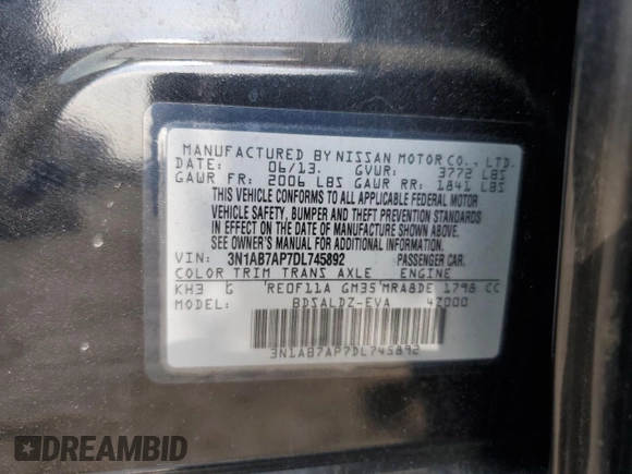 2013 Nissan Sentra SL with VIN 3N1AB7AP7DL745892, listed as a Copart auction lot 44011005 with 135,455 mi miles and Salvage Title. Bid and sale history available at DreamBid. Image 12.