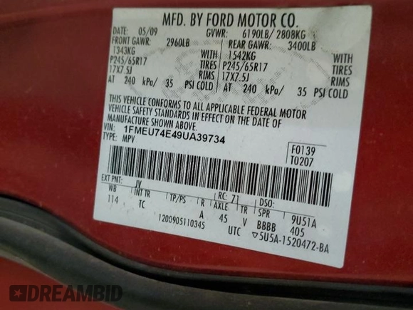 2009 Ford Explorer Eddie Bauer with VIN 1FMEU74E49UA39734, listed as a Copart auction lot 58785325 with 157,804 mi miles and Non repairable. Bid and sale history available at DreamBid. Image 13.
