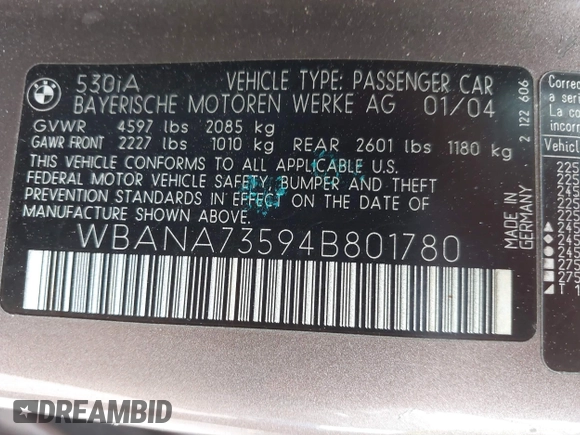 2004 BMW 5 Series 530i with VIN WBANA73594B801780, listed as a IAAI auction lot 41753708 with 176,442 mi miles and . Bid and sale history available at carsss.com. Image 9.
