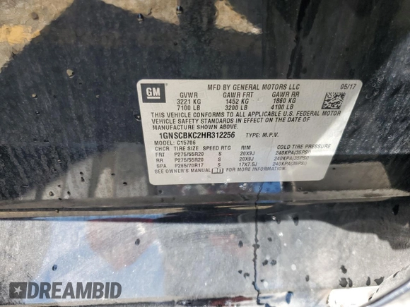 2017 Chevrolet Tahoe LT with VIN 1GNSCBKC2HR312256, listed as a Copart auction lot 55736935 with 175,072 mi miles and Salvage title. Bid and sale history available at DreamBid. Image 13.