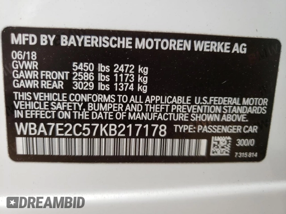 2019 BMW 7 Series 740i with VIN WBA7E2C57KB217178, listed as a Copart auction lot 44289243 with 0 mi miles. Bid and sale history available at carsss.com. Image 12.