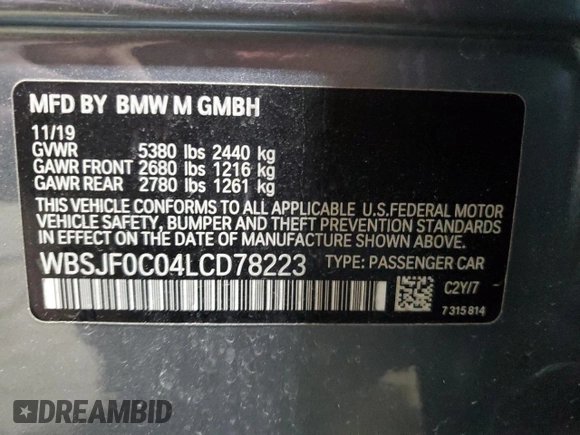 2020 BMW M5 Competition z VIN WBSJF0C04LCD78223, wystawiony jako Copart lot #50374745 z przebiegiem 41 985 mil mil oraz Czysty tytuł • Clean title. Historia ofert i sprzedaży dostępna na DreamBid. Obrazek 12.