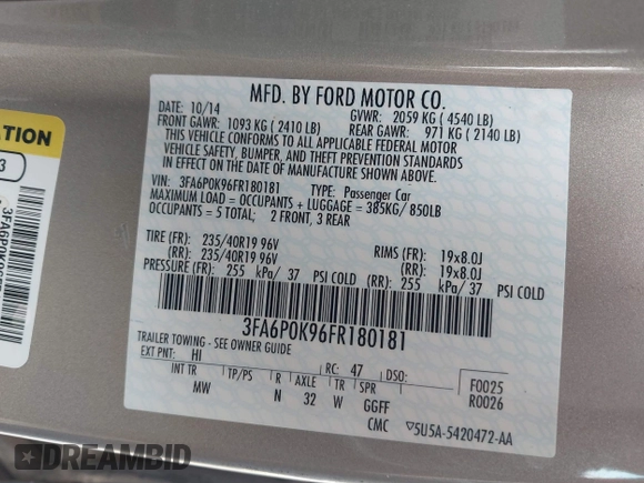 2015 Ford Fusion Titanium with VIN 3FA6P0K96FR180181, listed as a IAAI auction lot 41940248 with 63,120 mi miles. Bid and sale history available at carsss.com. Image 9.