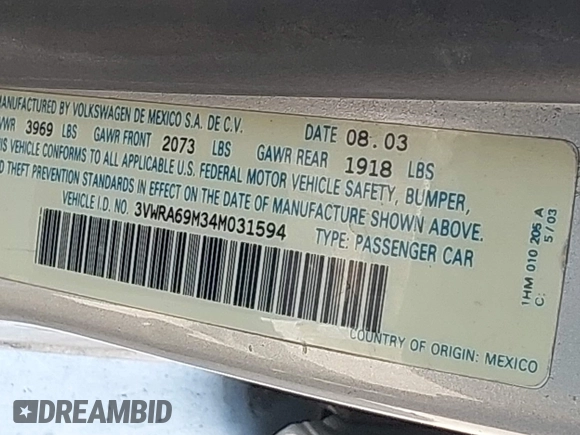2004 Volkswagen Jetta GL z VIN 3VWRA69M34M031594, wystawiony jako IAAI lot #42565161 z przebiegiem 191 011 mil mil oraz . Historia ofert i sprzedaży dostępna na DreamBid. Obrazek 9.