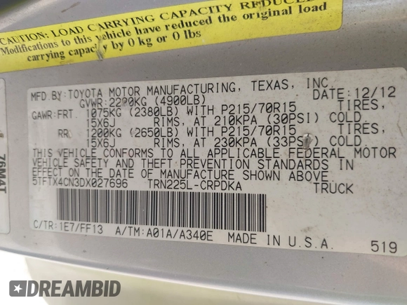 2013 Toyota Tacoma with VIN 5TFTX4CN3DX027696, listed as a IAAI auction lot 42863093 with 261,096 mi miles and . Bid and sale history available at DreamBid. Image 9.