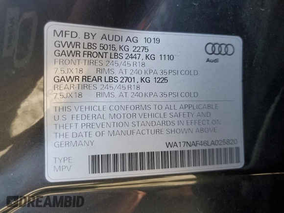 2020 Audi allroad A4 Premium with VIN WA17NAF46LA025820, listed as a Copart auction lot 42178183 with Not Provided miles and . Bid and sale history available at DreamBid. Image 14.