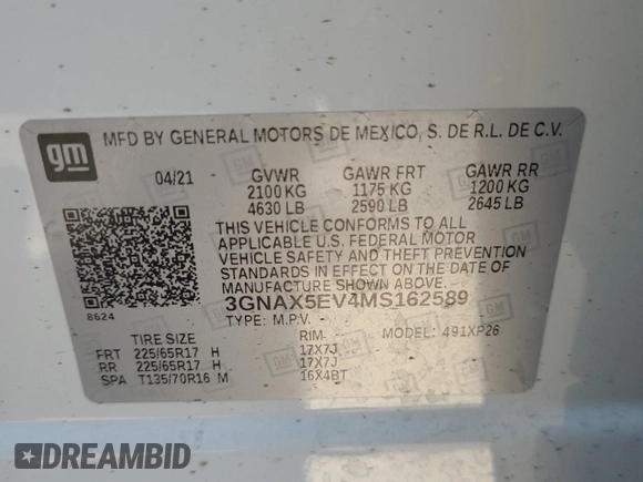 2021 Chevrolet Equinox LS with VIN 3GNAX5EV4MS162589, listed as a IAAI auction lot 42619578 with 87,455 mi miles and . Bid and sale history available at DreamBid. Image 4.