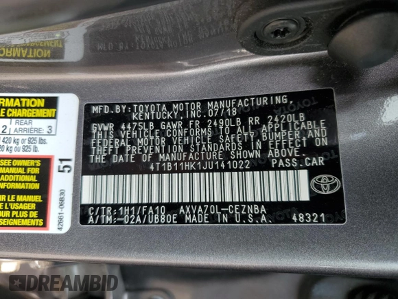 2018 Toyota Camry LE with VIN 4T1B11HK1JU141022, listed as a Copart auction lot 60135785 with 112,652 mi miles and Salvage title. Bid and sale history available at DreamBid. Image 12.