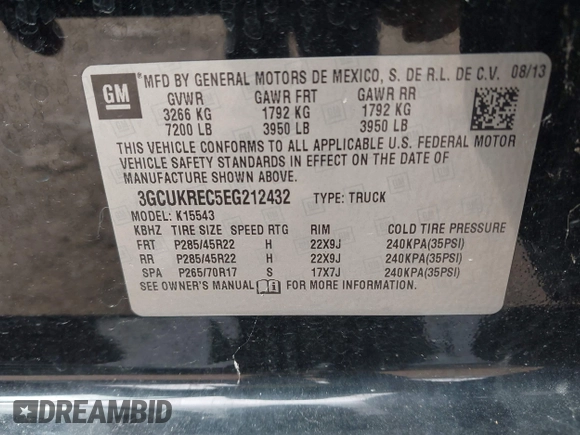 2014 Chevrolet Silverado 1500 LT with VIN 3GCUKREC5EG212432, listed as a IAAI auction lot 42066660 with 190,609 mi miles and . Bid and sale history available at DreamBid. Image 9.