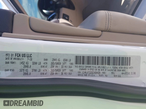 2016 Jeep Grand Cherokee Overland with VIN 1C4RJFCG2GC490420, listed as a IAAI auction lot 42200700 with 97,007 mi miles and . Bid and sale history available at DreamBid. Image 9.