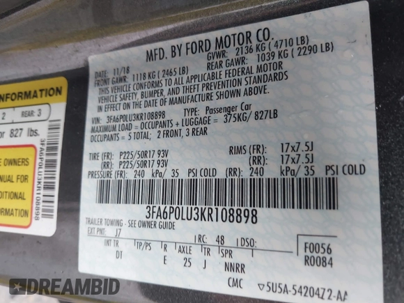 2019 Ford Fusion Hybrid SE with VIN 3FA6P0LU3KR108898, listed as a IAAI auction lot 41882847 with 159,076 mi miles. Bid and sale history available at carsss.com. Image 9.