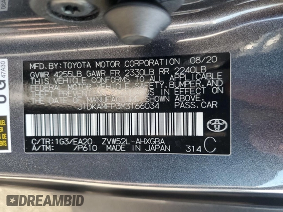 2021 Toyota Prius LE with VIN JTDKAMFP3M3166034, listed as a Copart auction lot 63271275 with 52,536 mi miles and Salvage title. Bid and sale history available at DreamBid. Image 12.