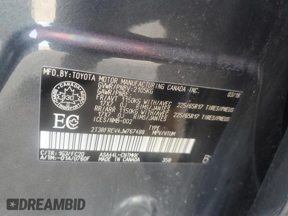 2018 Toyota RAV4 XLE z VIN 2T3RFREV4JW767488, wystawiony jako Copart lot #78574824 z przebiegiem Nie podano mil oraz Nie do naprawy • Non repairable. Historia ofert i sprzedaży dostępna na DreamBid. Obrazek 12.