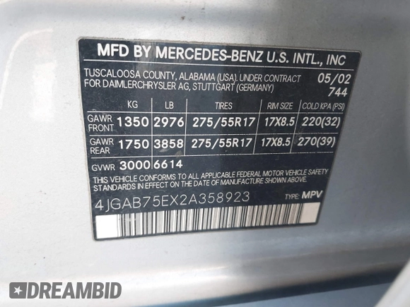 2002 Mercedes-Benz M 320/430/500 with VIN 4JGAB75EX2A358923, listed as a IAAI auction lot 41458903 with 134,623 mi miles and . Bid and sale history available at DreamBid. Image 9.