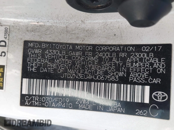 2017 Toyota Prius v Two with VIN JTDZN3EU4HJ067583, listed as a IAAI auction lot 41393495 with 316,410 mi miles. Bid and sale history available at carsss.com. Image 9.