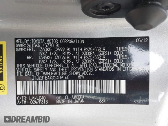 2013 Lexus RX 450h with VIN JTJZB1BAXD2409160, listed as a IAAI auction lot 41916721 with 62,599 mi miles and . Bid and sale history available at DreamBid. Image 9.