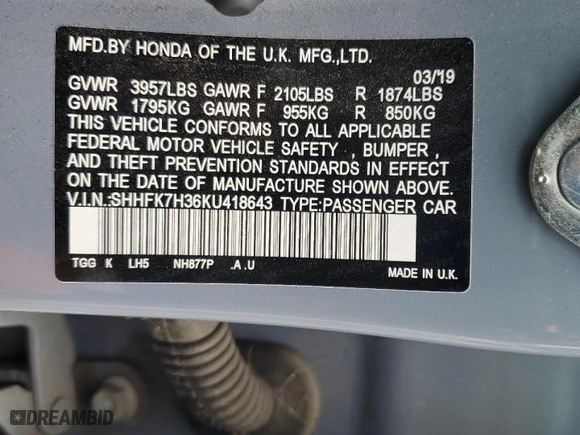2019 Honda Civic Hatchback LX with VIN SHHFK7H36KU418643, listed as a Copart auction lot 50938255 with 77,130 mi miles and Salvage Title. Bid and sale history available at carsss.com. Image 12.