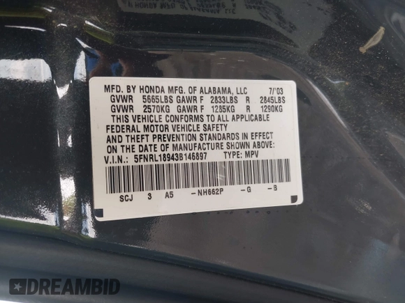 2003 Honda Odyssey EX-L with VIN 5FNRL18943B146897, listed as a IAAI auction lot 42144055 with 364,223 mi miles and . Bid and sale history available at DreamBid. Image 9.