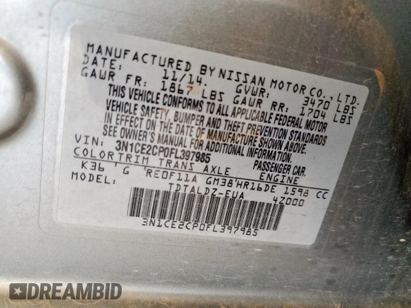 2015 Nissan Note SV with VIN 3N1CE2CP0FL397985, listed as a Copart auction lot 60489685 with 82,060 mi miles and Salvage title. Bid and sale history available at DreamBid. Image 12.