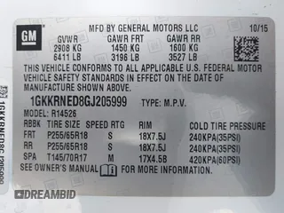 2016 GMC Acadia SLE with VIN 1GKKRNED8GJ205999, listed as a IAAI auction lot 41648295 with 68,906 mi miles and . Bid and sale history available at DreamBid. Image 9.