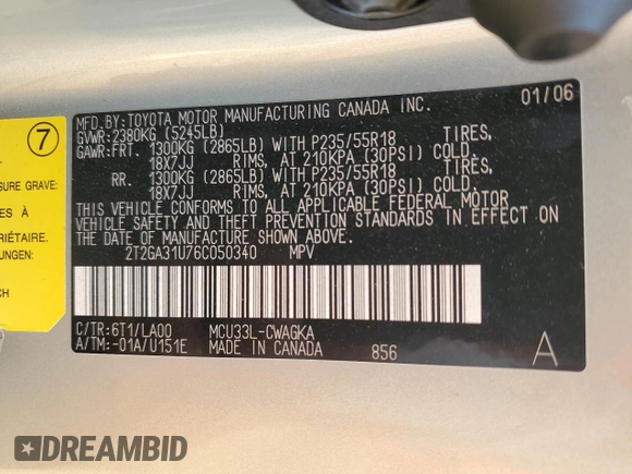 2006 Lexus RX 330 with VIN 2T2GA31U76C050340, listed as a Copart auction lot 45419195 with 121,089 mi miles and Salvage Title. Bid and sale history available at DreamBid. Image 13.