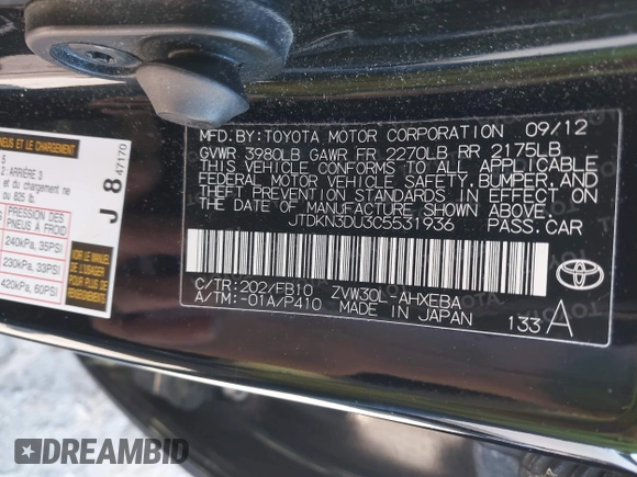 2012 Toyota Prius One with VIN JTDKN3DU3C5531936, listed as a IAAI auction lot 42138273 with 142,898 mi miles and . Bid and sale history available at DreamBid. Image 9.
