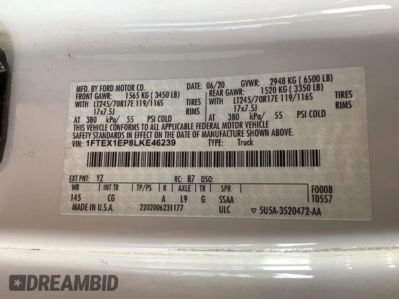 2020 Ford F-150 XL с VIN 1FTEX1EP8LKE46239, выставлен на аукционе IAAI как лот 42806611 с пробегом 171 789 миль миль и . История ставок и продаж доступна на DreamBid. Изображение 28.
