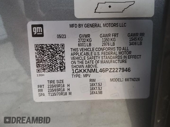 2023 GMC Acadia SLT with VIN 1GKKNML46PZ227946, listed as a Copart auction lot 78614954 with 29,616 mi miles and Salvage Title. Bid and sale history available at DreamBid. Image 13.