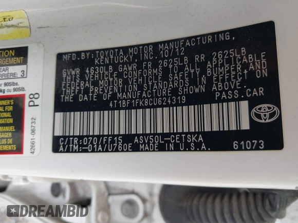 2012 Toyota Camry L with VIN 4T1BF1FK8CU624319, listed as a IAAI auction lot 41900045 with 193,234 mi miles and . Bid and sale history available at DreamBid. Image 9.
