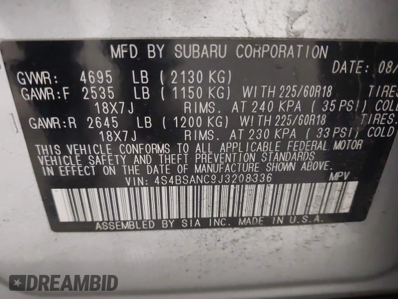 2018 Subaru Outback Limited with VIN 4S4BSANC9J3208336, listed as a IAAI auction lot 42102551 with 175,413 mi miles and . Bid and sale history available at DreamBid. Image 9.