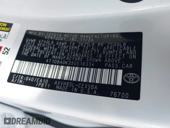 2025 Toyota Camry LE с VIN 4T1DBADK3SU518334, выставлен на аукционе IAAI как лот 41815874 с пробегом 4 257 миль миль и . История ставок и продаж доступна на DreamBid. Изображение 9.