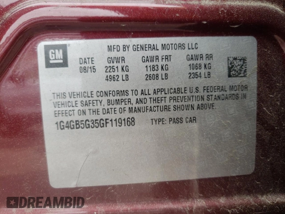 2016 Buick LaCrosse Leather with VIN 1G4GB5G35GF119168, listed as a Copart auction lot 61583625 with Not provided miles and Salvage title. Bid and sale history available at DreamBid. Image 12.