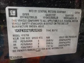 2009 GMC Yukon Denali z VIN 1GKFK03279R282409, wystawiony jako Copart lot #51534755 z przebiegiem 197 150 mil mil oraz Tytuł czysty. Historia ofert i sprzedaży dostępna na DreamBid. Obrazek 13.