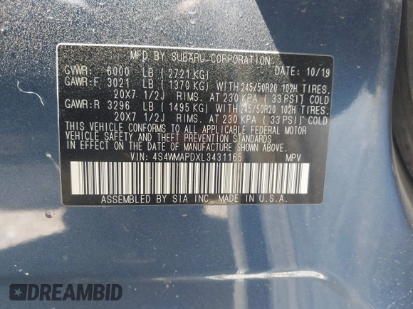2020 Subaru Ascent Limited with VIN 4S4WMAPDXL3431165, listed as a IAAI auction lot 41933003 with 60,121 mi miles and . Bid and sale history available at DreamBid. Image 9.
