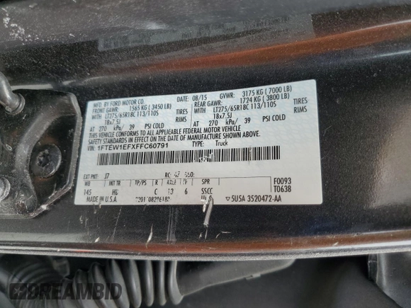 2015 Ford F-150 XLT with VIN 1FTEW1EFXFFC60791, listed as a Copart auction lot 58831015 with Not provided miles and Salvage title. Bid and sale history available at DreamBid. Image 12.