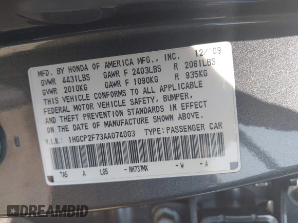 2010 Honda Accord EX with VIN 1HGCP2F73AA074003, listed as a IAAI auction lot 42735225 with 225,331 mi miles and . Bid and sale history available at DreamBid. Image 9.