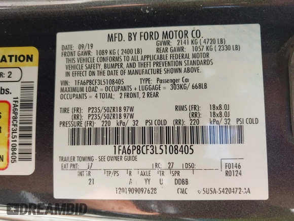 2020 Ford Mustang GT with VIN 1FA6P8CF3L5108405, listed as a IAAI auction lot 42578801 with 71,937 mi miles and . Bid and sale history available at DreamBid. Image 9.
