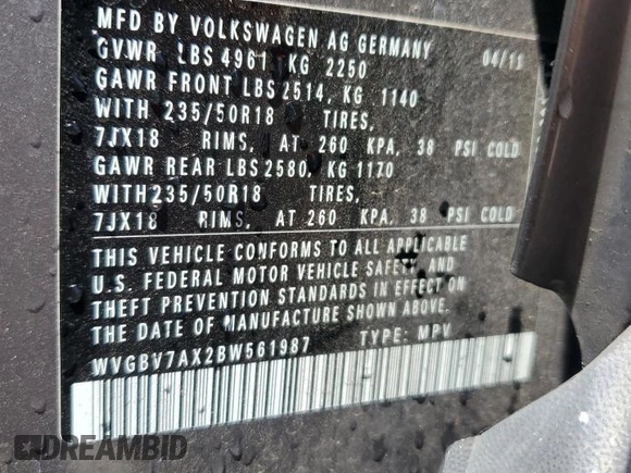 2011 Volkswagen Tiguan SE with VIN WVGBV7AX2BW561987, listed as a Copart auction lot 55385195 with 146,907 mi miles and Salvage Title. Bid and sale history available at DreamBid. Image 13.