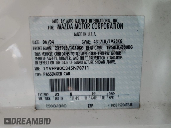 2004 Mazda 6 i with VIN 1YVFP80C345N78711, listed as a Copart auction lot 47391735 with Not Provided miles and Salvage Title. Bid and sale history available at DreamBid. Image 14.