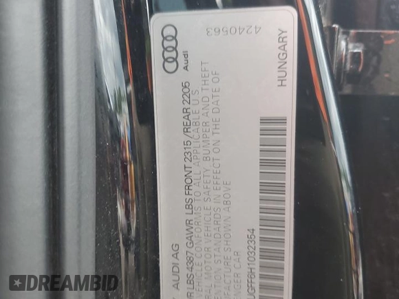 2017 Audi A3 Premium with VIN WAUAUGFF6H1032354, listed as a Copart auction lot 55481835 with 102,515 mi miles and Salvage title. Bid and sale history available at DreamBid. Image 12.