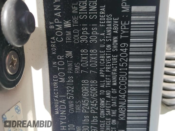2011 Hyundai Veracruz GLS with VIN KM8NU4CC0BU152049, listed as a Copart auction lot 77946814 with 148,942 mi miles and Salvage title. Bid and sale history available at DreamBid. Image 14.