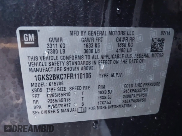 2015 GMC Yukon SLT with VIN 1GKS2BKC7FR110106, listed as a IAAI auction lot 41702260 with 108,679 mi miles. Bid and sale history available at carsss.com. Image 9.