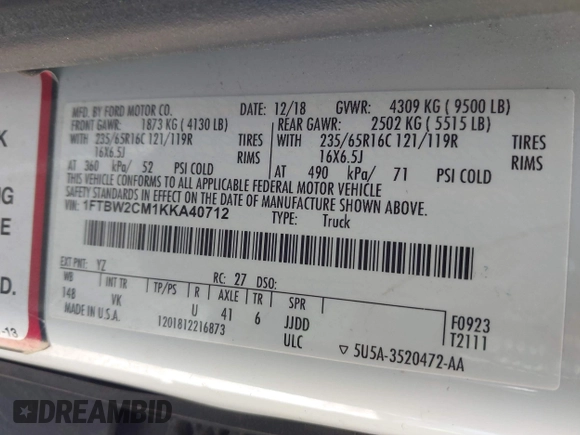2019 Ford Transit с VIN 1FTBW2CM1KKA40712, выставлен на аукционе IAAI как лот 42479641 с пробегом 53 711 миль миль и . История ставок и продаж доступна на DreamBid. Изображение 9.