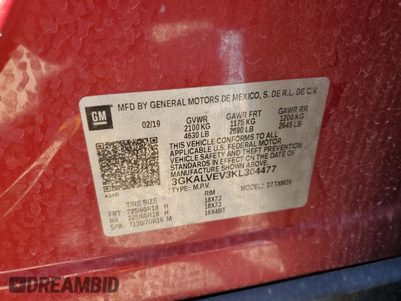 2019 GMC Terrain SLT with VIN 3GKALVEV3KL304477, listed as a Copart auction lot 53143095 with 71,820 mi miles and Clean Title. Bid and sale history available at carsss.com. Image 14.